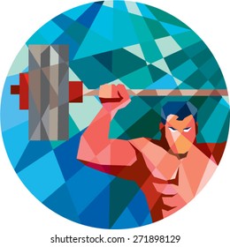 Low polygon style illustration of a weightlifter snatching grabbing lifting barbell with facing front set inside circle shape.