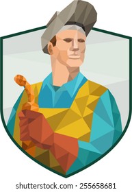 Low Polygon style illustration of welder worker working holding welding torch viewed from front set inside shield crest on isolated background. 