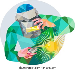 Low Polygon style illustration of welder worker with mask holding welding torch welding viewed from front set inside circle on isolated background. 