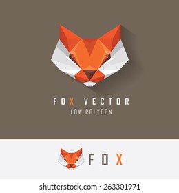 low polygon style red fox head logo element for business visual identity- triangular geometric abstract fox vector illustration with company name examples isolated on dark and light background
