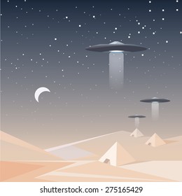 low polygon style vector illustration concept of unidentified flying objects floating over the sand desert pyramids. Night sky filled with stars with moon half full