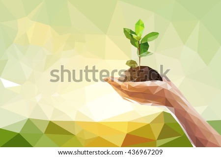 Low polygon of two Hand holding young plant on green nature blur bokeh background