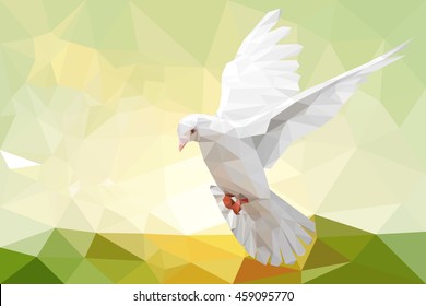 Low polygon of White Dove on green Bokeh and Freedom Concept and international day of peace 2016