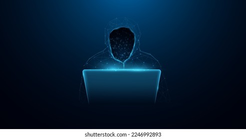 Low polygon wireframe Hacker behind a laptop monitor. Cyber crime. Vector illustration