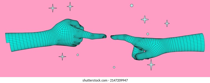 Low polygonal 3D hands going to touch together. Vector illustration in retrofuturistic vaporwave style.