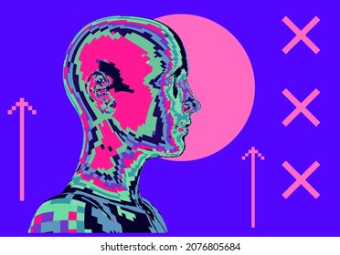 Low polygonal 3D wireframe mesh of a human head. Sci-fi synthwave 80's style illustration. Concept for Machine Learning, Artificial intelligence and Robotics themes.