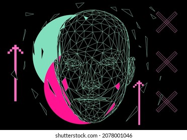 Low polygonal 3D wireframe mesh of a human head. Sci-fi synthwave 80's style illustration. Concept for Machine Learning, Artificial intelligence and Robotics themes.