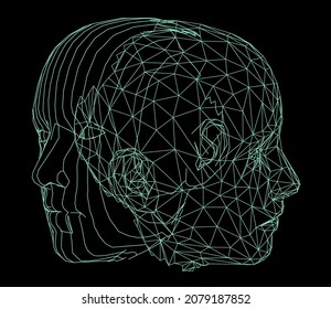 Malla poligonal baja de alambre 3D de una cabeza humana. Ilustración de la sintonización Sci-fi, 80. Concepto de Aprendizaje automático, Inteligencia artificial y temas de robótica.