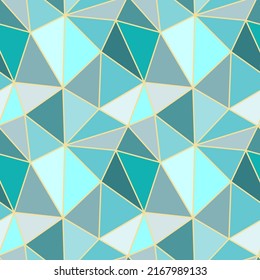 Low polygonal abstract geometric seamless pattern. Triangle tiles mosaic of mint blue and gray shapes with gold edges. Low poly design