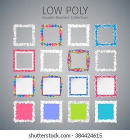 Low polygonal abstract geometric square banners collection. Used pattern brushes included in Brushes panel. Clipping paths included. 