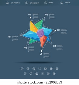 Low polygonal abstract shape infographics or single page website template. Basic line icons for navigation. Colorful triangular shape. Eps10 vector illustration.