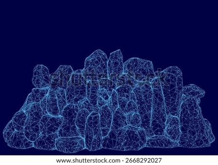 A low polygonal blue rock stands out against a dark blue background, featuring intricate wireframe details and geometric shapes. The abstract stone design showcases clean lines and a modern aesthetic.