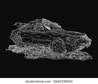 A low polygonal car with sharp geometric shapes and clean lines sits on a sleek black background, creating a striking contrast. The abstract design features fragmented sections