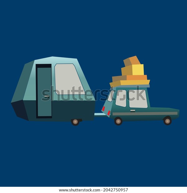 Low polygonal cartoon car with
caravan isolated on blue background. Flat vector
illustration