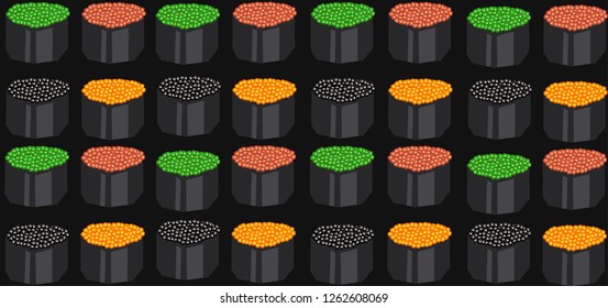 Low polygonal cartoon style minimal salmon, trout, flying fish red caviar covered in nori pattern. Set of four multicolored caviar portions for design menu restaurant delivery, flyer, web background