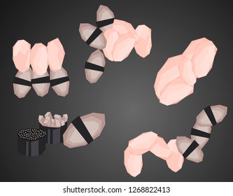 Low polygonal cartoon style minimal slice of crab, black tobico caviar and tomago omelet in nori elements combination set. For design menu restaurant delivery, flyer, brochure, web background