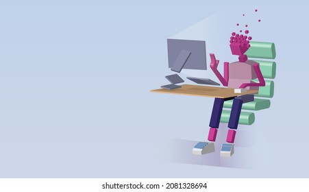 low polygonal character sitting on the floating chair by the desk and computer. Old school vaporwave graphics concept. Vector illustration. 3d render