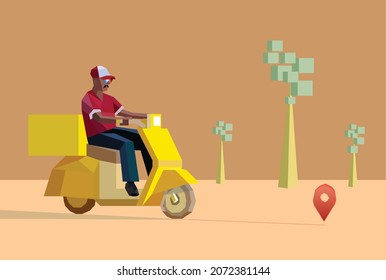 low polygonal delivery hipster boy on a yellow scooter against the background of a beige desert with low poly trees. Food delivery ads mock-up. Mobile application concept.