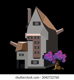 Low polygonal fantasy haunted mansion with purple sakura tree beside isolated on black. Vector illustration.