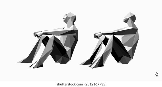 Low polygonal figure of a man, he is resting and looking up pensively thinking about a problem. 3D human body model. Vector illustration for cover, card, banner, brochure or presentation.