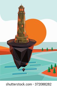 Low polygonal geometric lighthouse and island. Vector illustration.