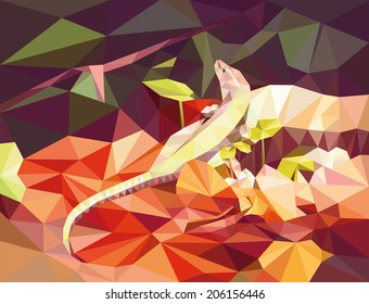 Low polygonal geometric  lizard on a snag in a wood. Abstract vector Illustration, low poly style. 