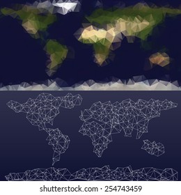 Low polygonal geometric map of the world in natural colors. Composed of triangles, editable vector. Eps10 vector illustration.