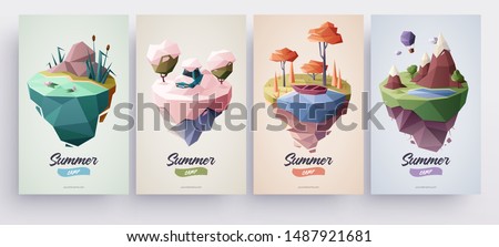Low polygonal geometric nature islands. Vector Illustration, low poly style. Background design for banner, poster, flyer, cover, brochure.