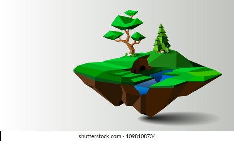 Low polygonal geometric trees and island. Abstract vector Illustration, low poly style. Stylized design element. Background design for banner, poster, flyer, cover, brochure.