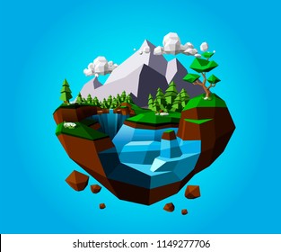 Low polygonal geometric trees and island. Abstract vector Illustration, low poly style. Stylized design element. Background design for banner, poster, flyer, cover, brochure.