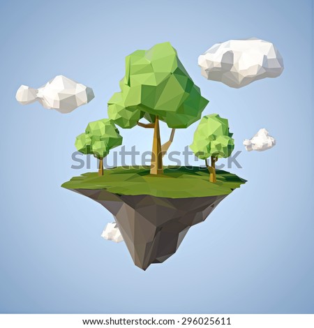 Low polygonal geometric trees and island. Abstract vector Illustration, low poly style. Stylized design element. Background design for banner, poster, flyer, cover, brochure.
