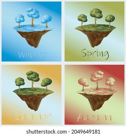 Árboles geométricos poligonales bajos en la isla. Temporadas al estilo de la pesca de poli. Ilustración vector abstracta, estilo de polos bajo. Elemento de construcción estilizado. Diseño de fondo para banner, afiche, volante,