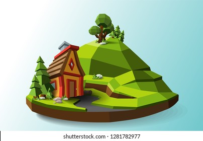 Low polygonal geometric trees, stone, island and house. Abstract vector Illustration, low poly style. Stylized design element. Background design for banner, poster, flyer, cover, brochure.