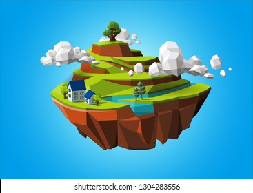 Low polygonal geometric trees, stone, island and house. Abstract vector Illustration, low poly style. Stylized design element. Background design for banner, poster, flyer, cover, brochure.
