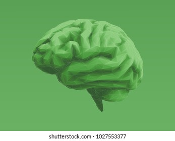 Low polygonal green brain with 3D shading illustration isolated on light green background