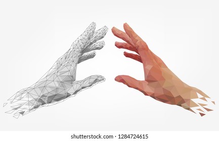 Low polygonal hands, human and robot arms, partnership of people and robots, computer graphics