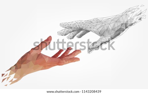 Low polygonal hands, human and\
robot arms, partnership of people and robots, computer\
graphics