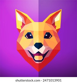 Baja Imagen poligonal de una cabeza de perro sobre un fondo púrpura. Arte vectorial, sots art, bajo poli, cubo-futurismo, pegatina, avatar de dibujos animados, logotipo animal, diseño surrealista