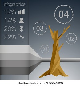 Low polygonal infographics tree with different symbols. Gradient background. Numbers in leaves. Dollar, man, chart and stock symbols. Percentage chart stripes. 