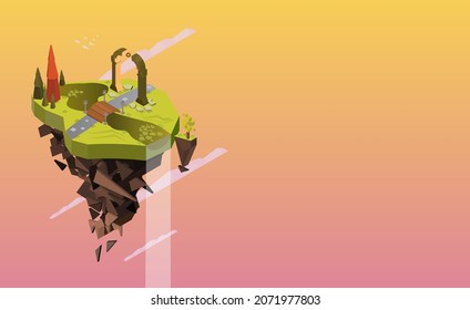 Low polygonal isometrische schwimmende Fantasieinsel mit Fluss, Brücke, Wald und magischen Portal's Bogen. Leerzeichen kopieren