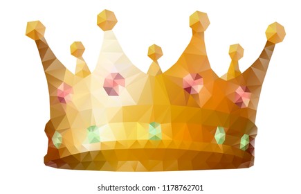 Low polygonal king's golden crown with red and green jewel gem stones. Modern triangle geometric style. Vector illustration isolated on white background.