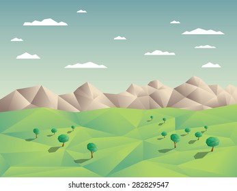 Low polygonal landscape concept illustration with mountains in background. 3d low poly shapes with shadows. Eps10 vector illustration.