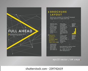 Low polygonal layout template design: catalog, brochure, cover, page. Moving ahead concept on stars background. Geometric sharp surfaces, minimalistic graphite color style. Arrow play shape.