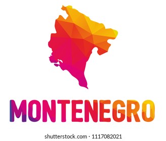 Low polygonal map of Montenegro (Montenegrin) with sign Montenegro, both in warm colors of red, purple, orange and yellow; sovereign state in Southeastern Europe