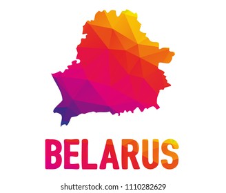 Low polygonal map of Republic of Belarus with sign Belarus (Eastern Europe country), both in warm colors of red, purple, orange and yellow; also known as Byelorussia or Belorussia