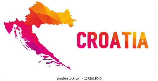 Low polygonal map of the Republic of Croatia (Republika Hrvatska) also known as Croatia (Hrvatska) with sign Croatia, both in warm colors; country at Central and Southeast Europe, on the Adriatic Sea