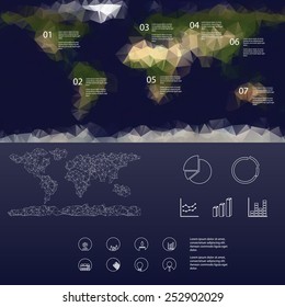 Low polygonal map of the world infographics menu with graphs, pie chart. Vintage blurred background. Suitable for analysis report, business presentation. Line icons. Eps10 vector illustration.