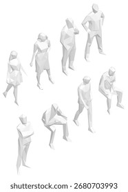 Pessoas poligonais baixas em várias poses, todas brancas contra um fundo branco, ideal para projetos de design moderno.