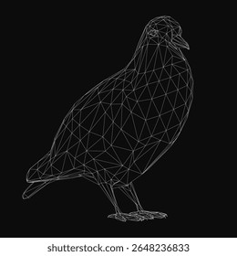 Pombo poligonal baixo composto de linhas geométricas e formas, formando um design intrincado e estilizado. O pássaro destaca-se contra um fundo preto elegante, criando uma estética moderna e abstrata.