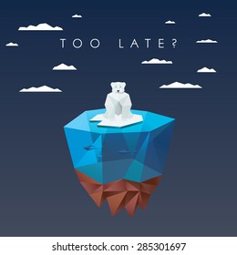 Low polygonal polar bear sitting on ice on floating island. Ecological background in modern poly design. Eps10 vector illustration.